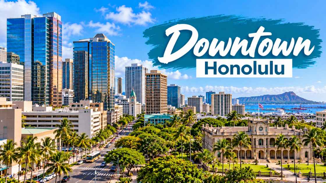 Downtown Honolulu walkable neighborhood with sidewalks and city buildings